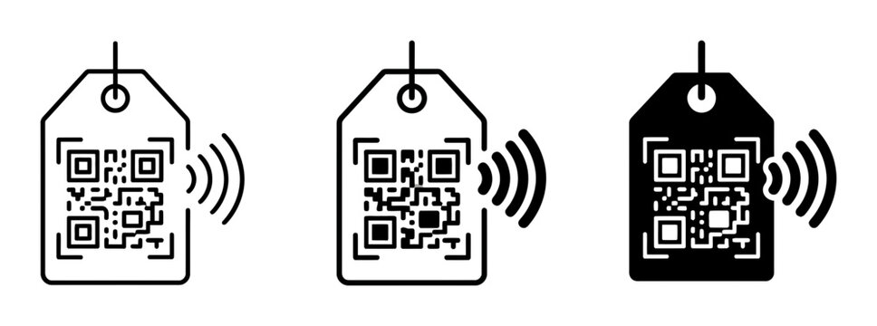 3 QR code tag silhouette icons, solid black style, technology