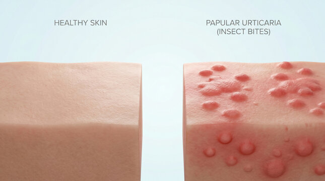 3D Medical Comparison of Healthy Skin Anatomy and Papular Urticaria Insect Bites