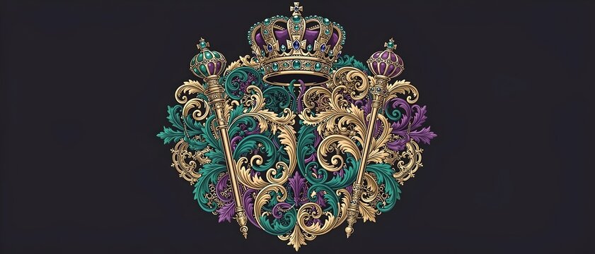 Baroque royal emblem with crown and scepters, ornate gold and emerald design on black background, heraldic vector illustration