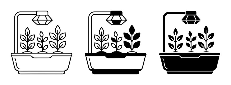 3 Plant growth stages silhouette icons, hydroponic system, gardening tools, solid black style, agriculture