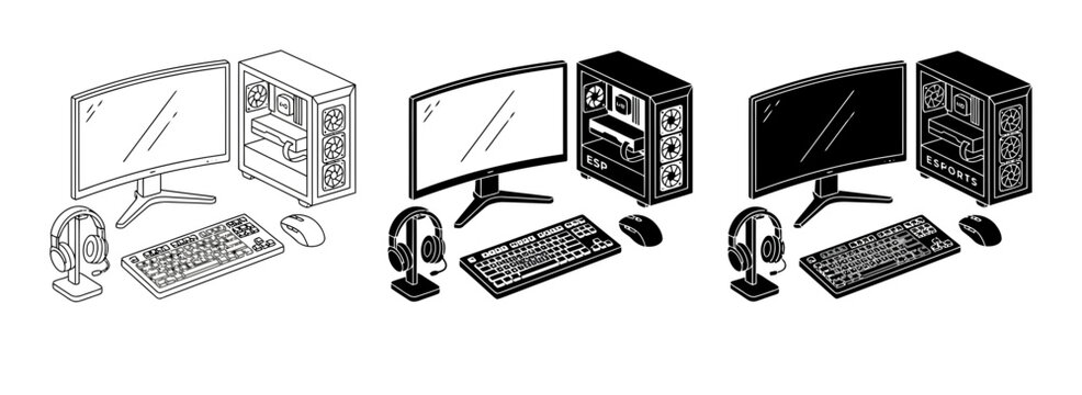 3 Computer workstation silhouette icons, office equipment set, solid black style, business