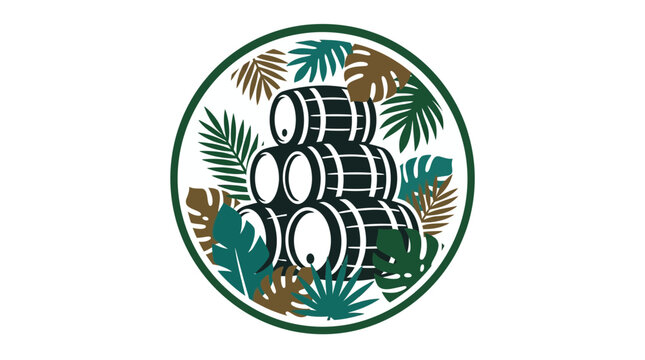A circular logo featuring a stack of wooden barrels surrounded by tropical palm leaves.