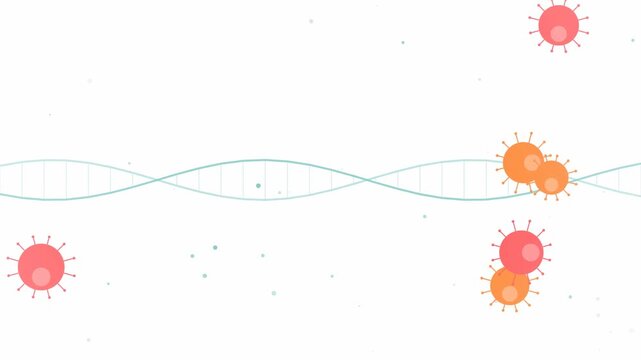 Medical DNA double helix and floating virus cells animation on white background