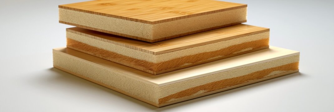 Isometric view of moistureresistant biobased lumber sheets focusing on layered textures with a subtle blurred background and ultraclean commercial style illuminated by highkey