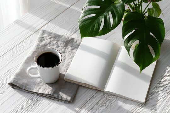 Aesthetic flat lay of a coffee cup and open notebook with Monstera leaves on a wooden table.