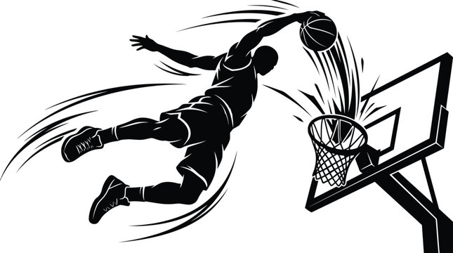 Dynamic basketball player, jumping, dunking ball, sports illustration, black and white vector