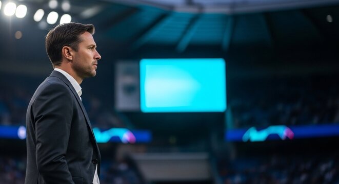 Man in business suit standing on sidelines of soccer stadium with large screen