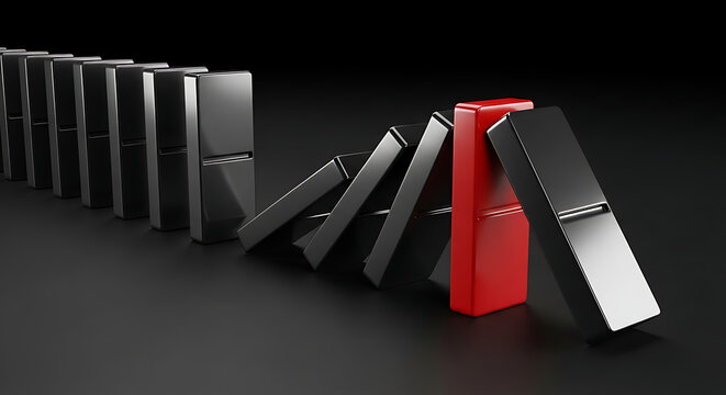 Red domino stopping chain reaction of falling black dominoes on dark background with solution business management leadership influence challenge metaphor strategy innovation disruption