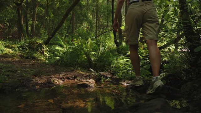Hiker crossing a small forest stream on mossy stones, close-up shot focusing on legs and hiking gear in a lush woodland setting.