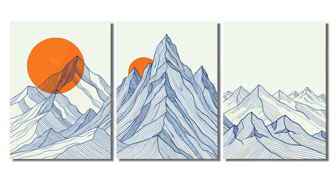 Abstract mountain range landscape illustration in a triptych format with a vibrant orange sun in the background