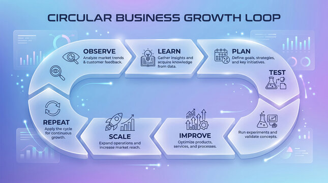 Circular business growth loop with observe, Learn, Plan, Test, Improve, Scale, Repeat steps for continuous growth