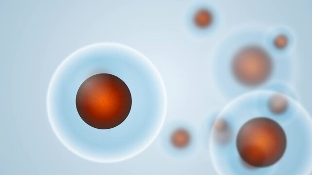 Microscopic 3D medical animation showing organic cell structures with orange nuclei on blue background