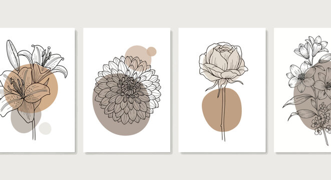 Abstract botanical line art illustrations featuring delicate flowers and organic shapes in a minimalist aesthetic
