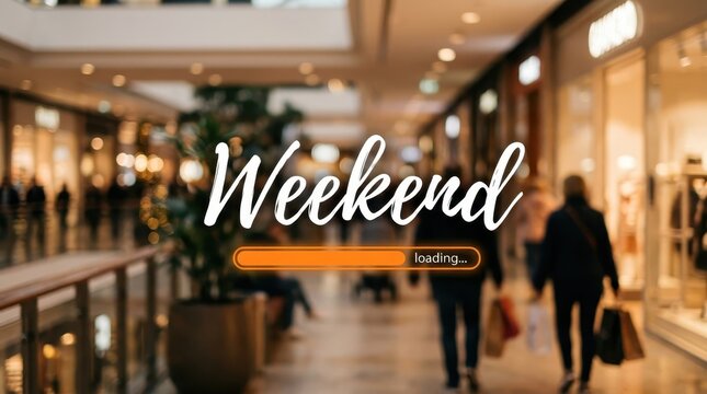 Weekend loading concept with a blurred shopping mall background and people walking with bags
