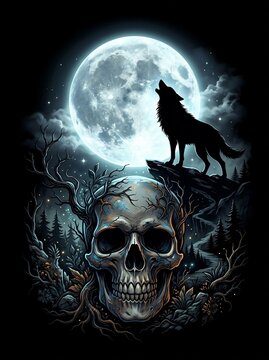 Gothic illustration of a howling wolf on a cliff above a human skull under a full moon.