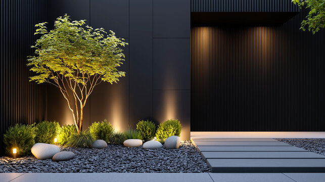Modern luxury house exterior with minimalist rock garden green tree and warm uplighting on black wall at night
