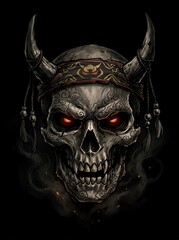 Fototapeta premium Fierce Demon Skull with Glowing Red Eyes and Tribal Headband.