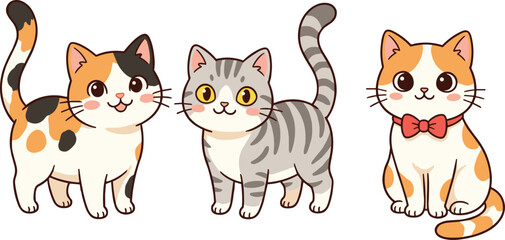 Fototapeta premium Cute cartoon cats vector set featuring calico, grey tabby, and ginger kittens with big eyes isolated on white background
