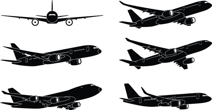 Commercial passenger airplane black silhouettes vector set featuring flying jet airliners in various angles isolated on white background