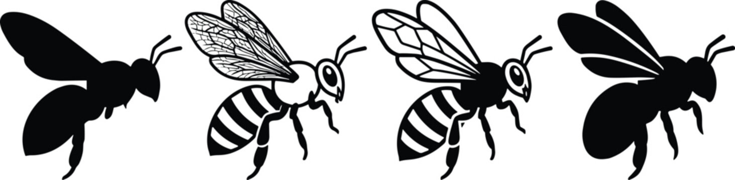 Side view flying honey bee vector set featuring solid black silhouettes, detailed line art, and simplified icon designs for branding