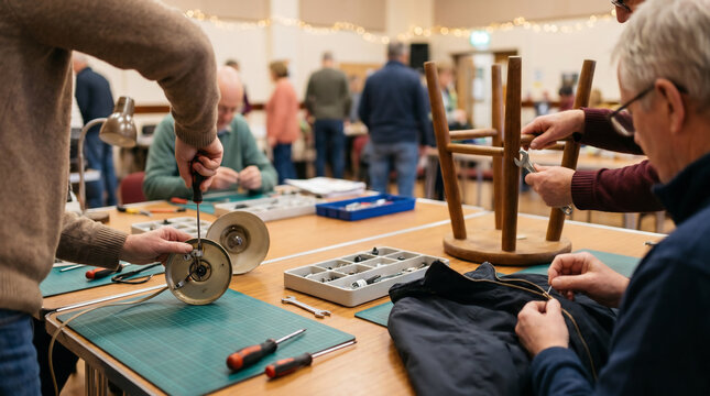 Face-hidden volunteers repairing household items at community table