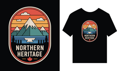 Obraz premium Northern Heritage Retro Mountain Lake Landscape Emblem for T- Shirt
