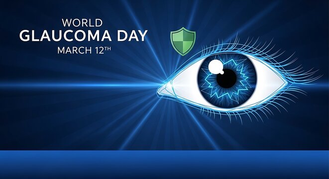 World glaucoma day awareness poster with eye and green shield on blue background