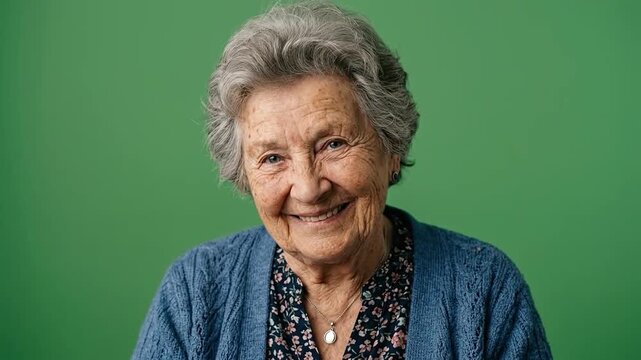 An elderly woman smiles warmly against a green backdrop.