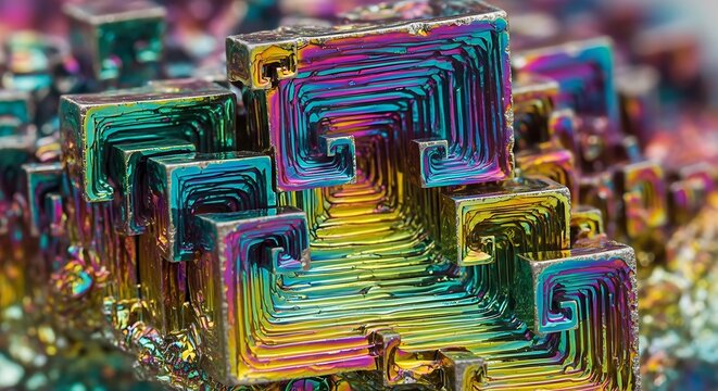 Close-up of iridescent bismuth crystals with rainbow colors, abstract geometric mineral formation