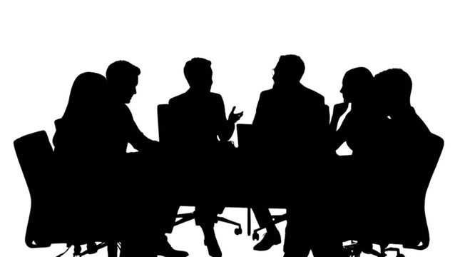 Silhouette of business team meeting around table isolated on transparent background, Vector