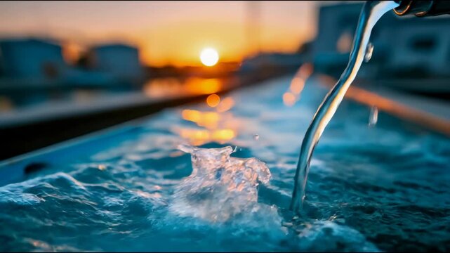 Clear water flowing into a treatment basin at sunset, suitable for wastewater, sanitation, purification, infrastructure, and sustainability themes