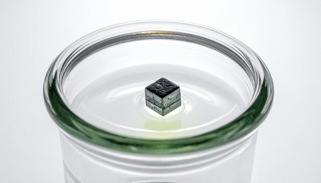 A small, lustrous cube of metallic sodium submerged in paraffin oil within a clear glass jar, showcasing its inert storage for chemical study.