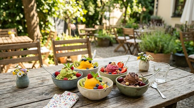 Fresh fruit and dessert outdoors.