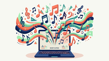 Obraz premium Flat Vector Illustration of Floating Music Notes and Digital Soundwaves