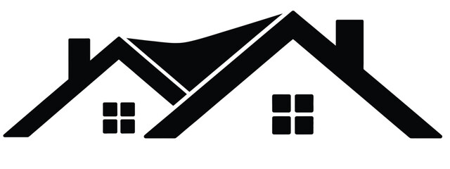 Minimalist black and white vector logo design featuring a simple house silhouette with two roof peaks for real estate branding. © ALBART