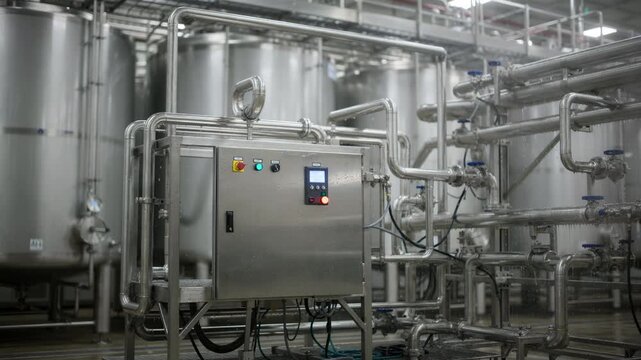 Medium shot highlighting the control panel and piping arrangement of a CIP skid as it performs programmed cleaning sequences on storage tanks and associated lines