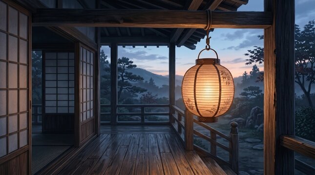 Traditional Japanese Lantern and Veranda at Dusk