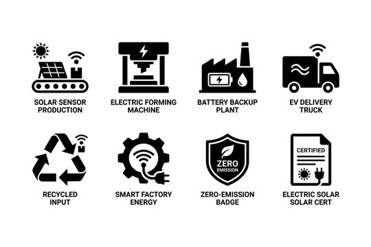 Sustainable green energy industrial icons, 8 black vector symbols for smart factory and solar production, eco-friendly manufacturing and EV delivery set