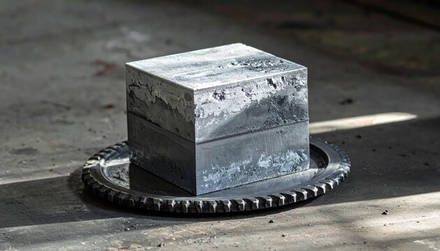 A rough-cut zinc block with a dull metallic grey, oxidized surface rests on a textured plate.