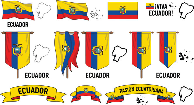 Ecuador Flag and Map Vector Set with Coat of Arms Waving Banners Vertical Hanging Pennants and Decorative Ribbons for National Holiday Designs