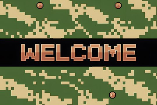 Retro pixel art welcome sign with characters on camouflage background