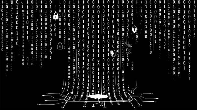 Binary code data stream pouring down, digital information flow, technology background with falling 1s and 0s, cyber security concept, futuristic tech design