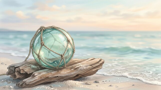 Glass Fishing Float on Driftwood &ndash; Beach Scene