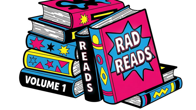 Vibrant comic-style book stack labeled rad reads volume 1 isolated on a transparent background, colorful books