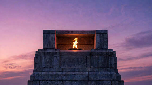 Majestic eternal flame burning brightly in a stone monument at night symbolizing memory honor and respect for fallen heroes in a solemn memorial park or historical site with dark sky.
