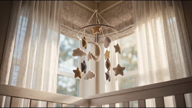 Baby mobile with stars and moon rotating above a wooden crib