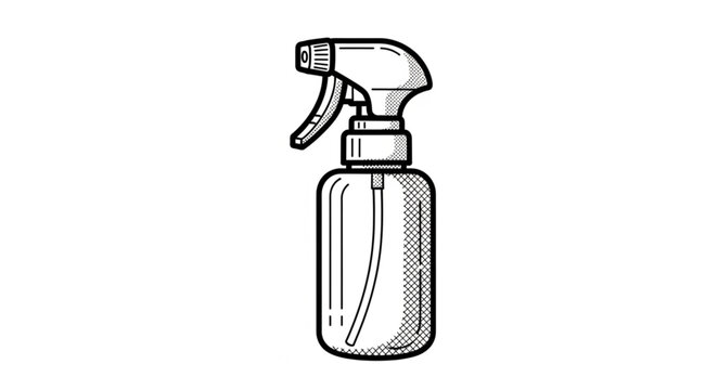 A detailed illustration of a clear spray bottle with a nozzle.