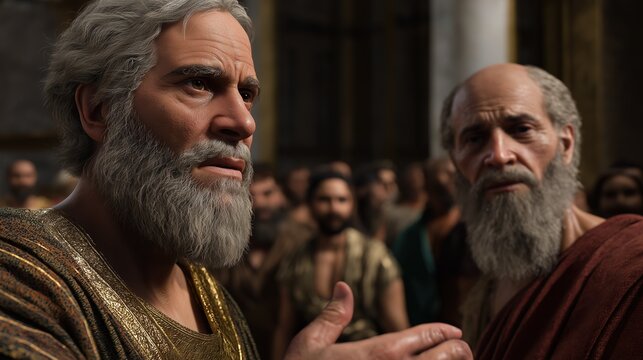 Ancient Greek philosophers debating in a public assembly. Elderly Roman senators in traditional robes speaking in a temple hall. Historical reenactment concept
