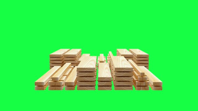 Wooden planks slide into place and stack in neat rows on a bright green chroma key background in a looping 3D animation