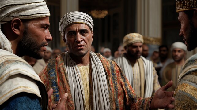 Ancient Middle Eastern men in traditional turbans and robes discussing in a palace hall. Biblical council of elders meeting. Historical drama concept